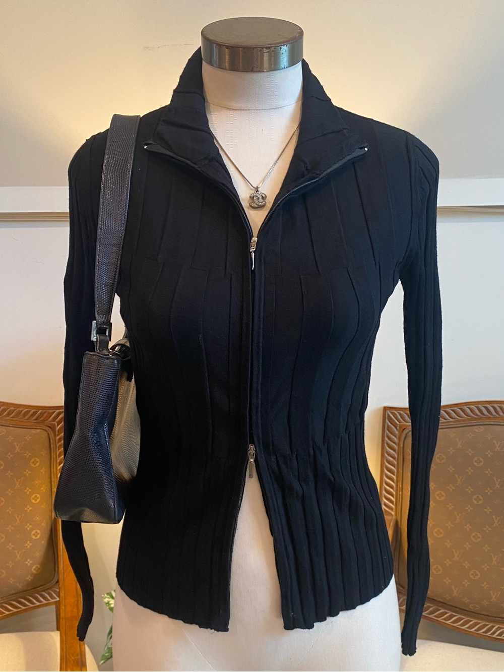 Vintage 90s Belldini Black Ribbed Double-Zip Women's Sweater Cardigan S Viscose